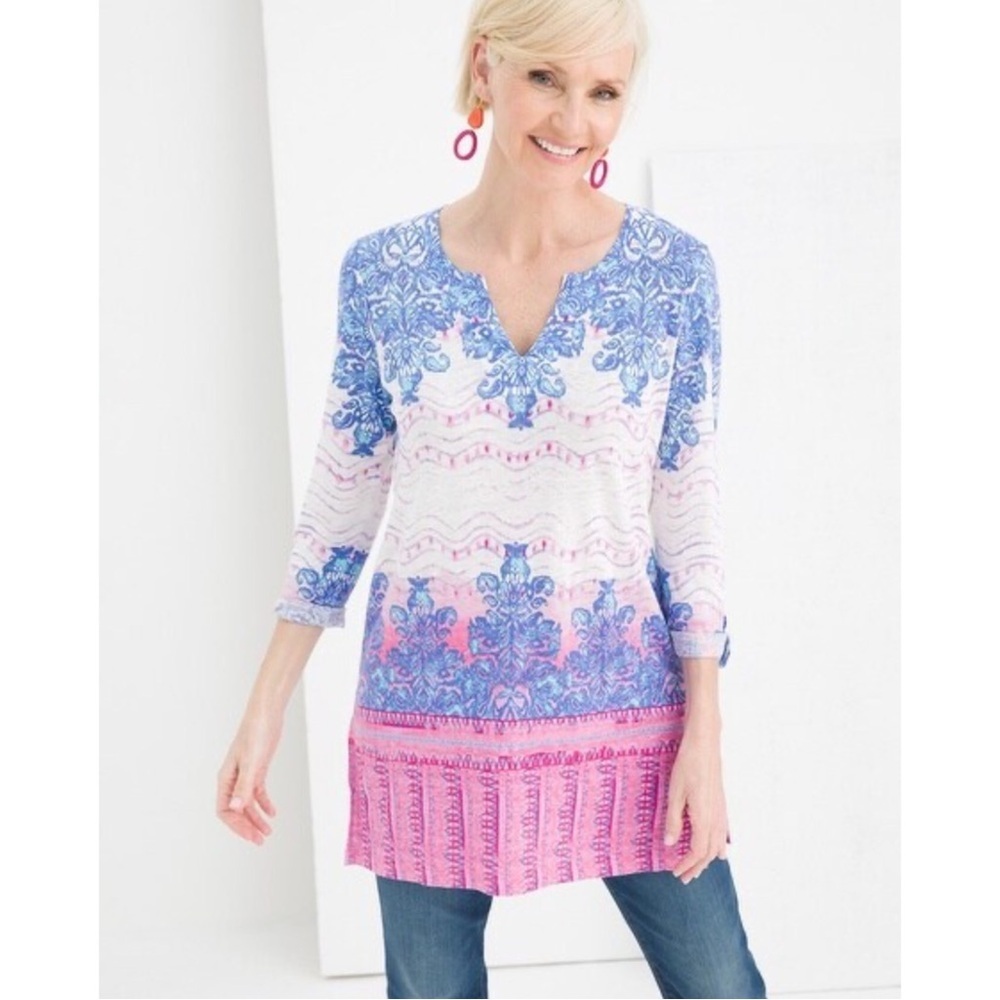 Chico's Filigree Linen Tunic Size 1 Medium Lightweight Button Tab Cuffs